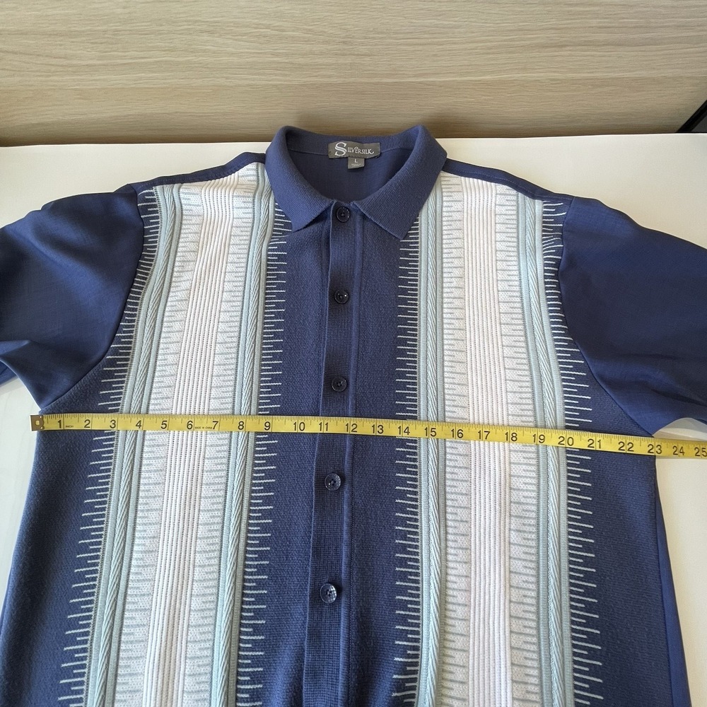 SilverSilk Short Sleeve Men's Size L Blue Textured Panels Button Up Summer Shirt - Picture 8 of 9